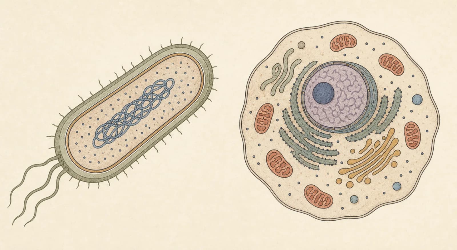 Simplified comparison of a bacterial cell without a nucleus and an animal cell with a nucleus and membrane-bound organelles