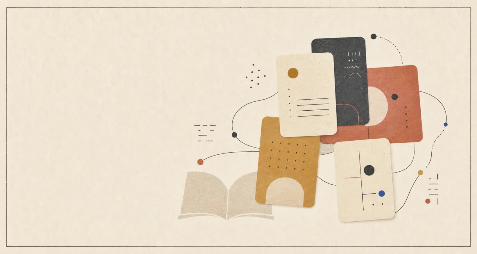 Abstract paper collage of study cards, connecting lines, and an open book